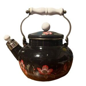 Vintage Black Enamel  Floral Accents Whistling Teapot Tea Pot